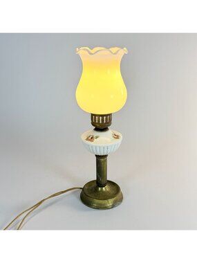 Vintage Table Lamp With Milk Glass Shade & Floral Design Brass Bottom